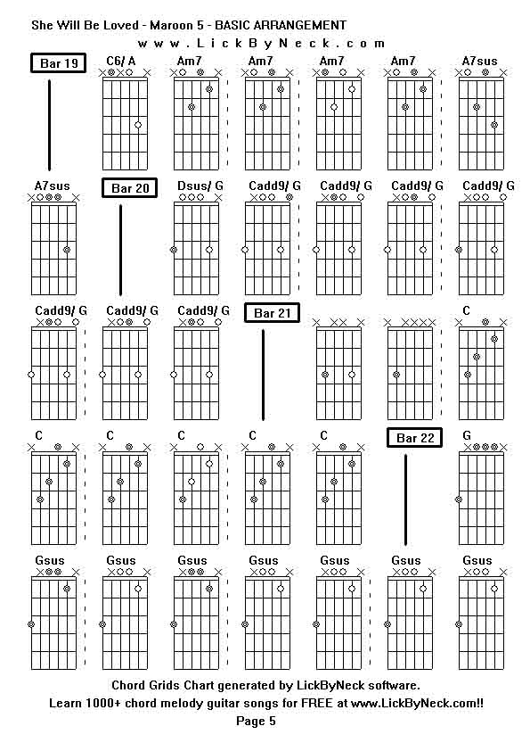 Chord Grids Chart of chord melody fingerstyle guitar song-She Will Be Loved - Maroon 5 - BASIC ARRANGEMENT,generated by LickByNeck software.